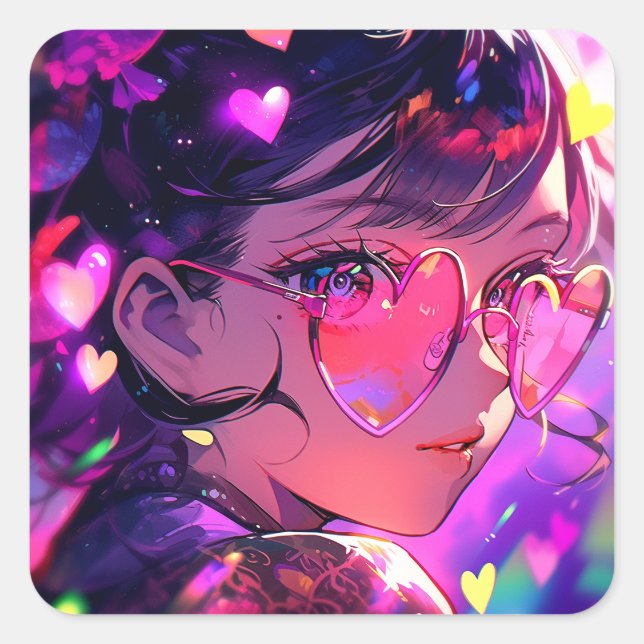 Pegatina Cuadrada Anime Chica Hearts (Anverso)