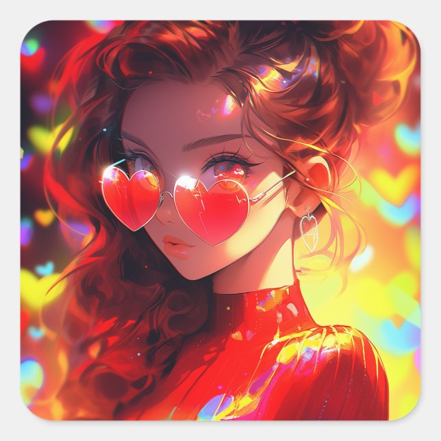 Pegatina Cuadrada Anime Chica Hearts (Anverso)