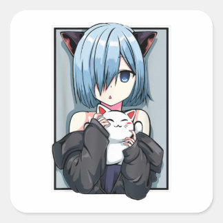 Pegatina Cuadrada Anime Chica Neko Catgirl Pastel Kawaii Cat Manga J