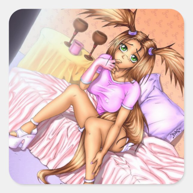 Pegatina Cuadrada Anime Chica Nikki en la cama (Anverso)