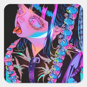 Pegatina Cuadrada Anime Chica Stictándose La Lengua