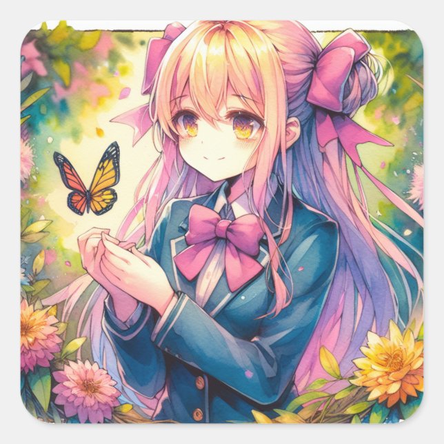 Pegatina Cuadrada Anime Chica y Butterfly Watercolor Ai Art (Anverso)
