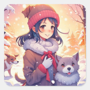 Pegatina Cuadrada Anime Chica y perros con Navidades Antecedentes