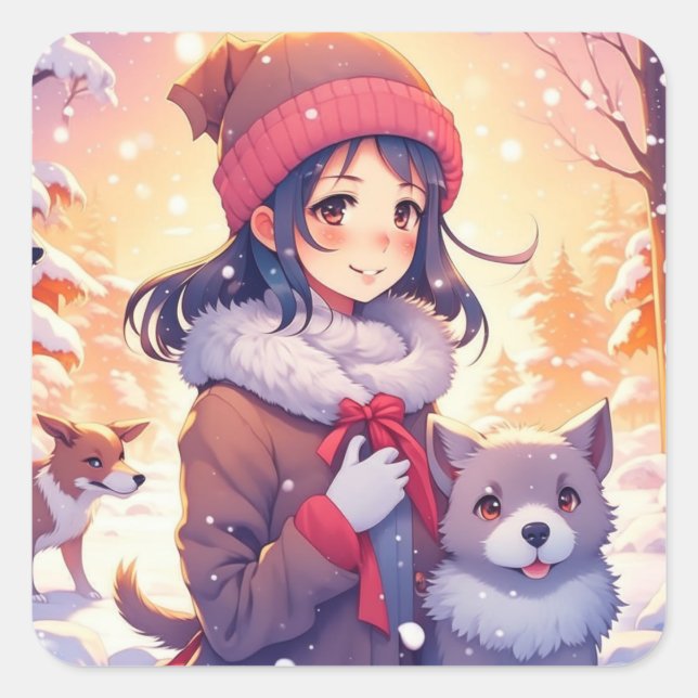 Pegatina Cuadrada Anime Chica y perros con Navidades Antecedentes (Anverso)