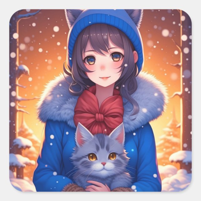 Pegatina Cuadrada Anime Chica y un Navidad de invierno gatito (Anverso)