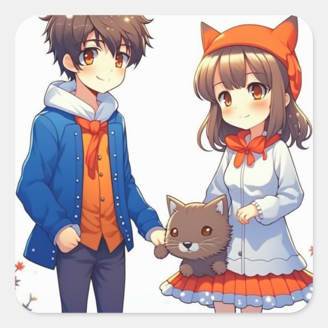 Pegatina Cuadrada Anime Couple Romántico Navidades Personalizados (Anverso)