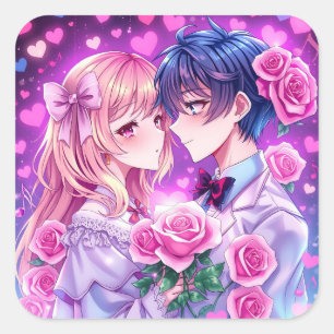 Pegatina Cuadrada Anime El día de San Valentín Boy y Chica Romántico