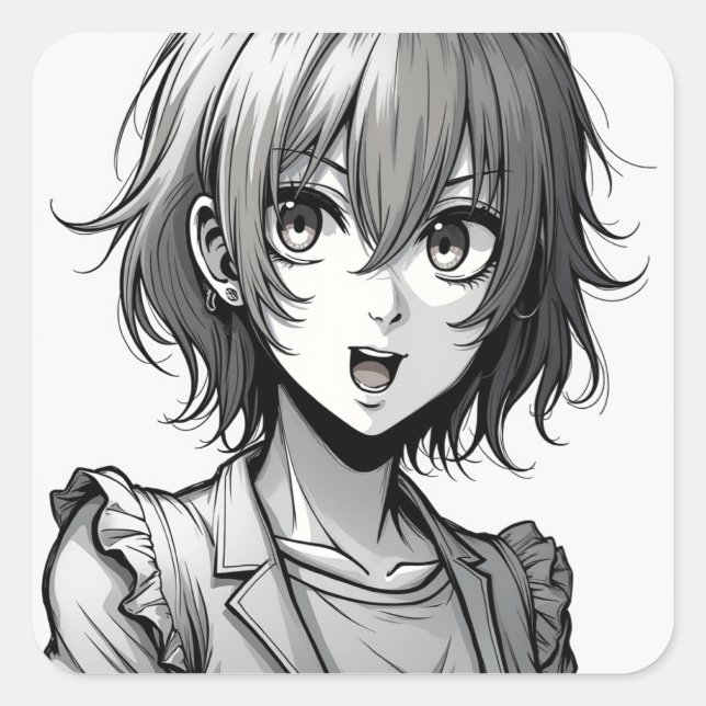 Pegatina Cuadrada Anime Girl | Dynamic Action‑Style Character Design (Anverso)