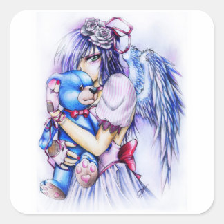 Pegatina Cuadrada Anime Gótica Chica Angel Rosa Con Teddy