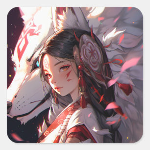 Pegatina Cuadrada Anime Kitsune Chica Cute Fox Fantasy Art
