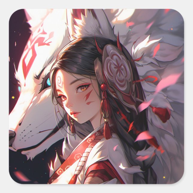 Pegatina Cuadrada Anime Kitsune Chica Cute Fox Fantasy Art (Anverso)