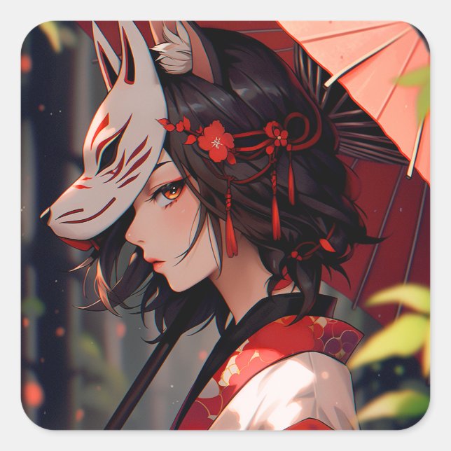 Pegatina Cuadrada Anime Kitsune Chica Cute Fox Fantasy Art (Anverso)