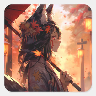 Pegatina Cuadrada Anime Kitsune Chica Cute Fox Fantasy Art