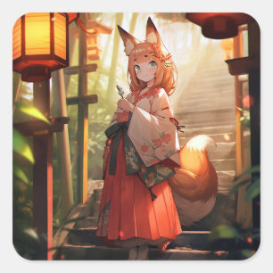 Pegatina Cuadrada Anime Kitsune Chica Cute Fox Fantasy Art