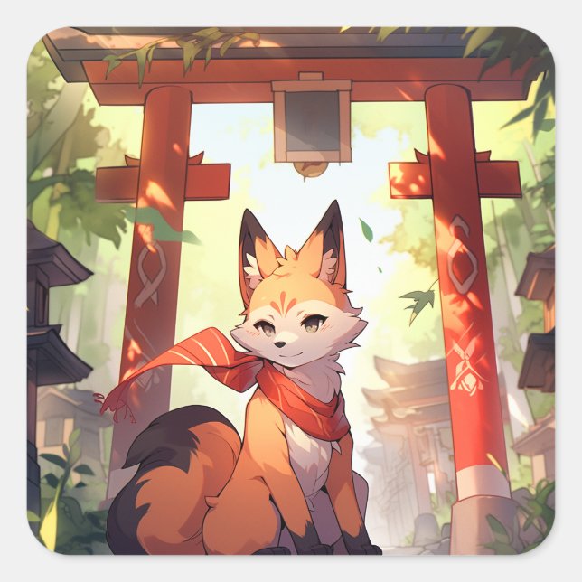 Pegatina Cuadrada Anime Kitsune Cute Fox Fantasy Art (Anverso)