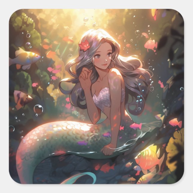 Pegatina Cuadrada Anime Mermaid Chica Fantasy Art (Anverso)