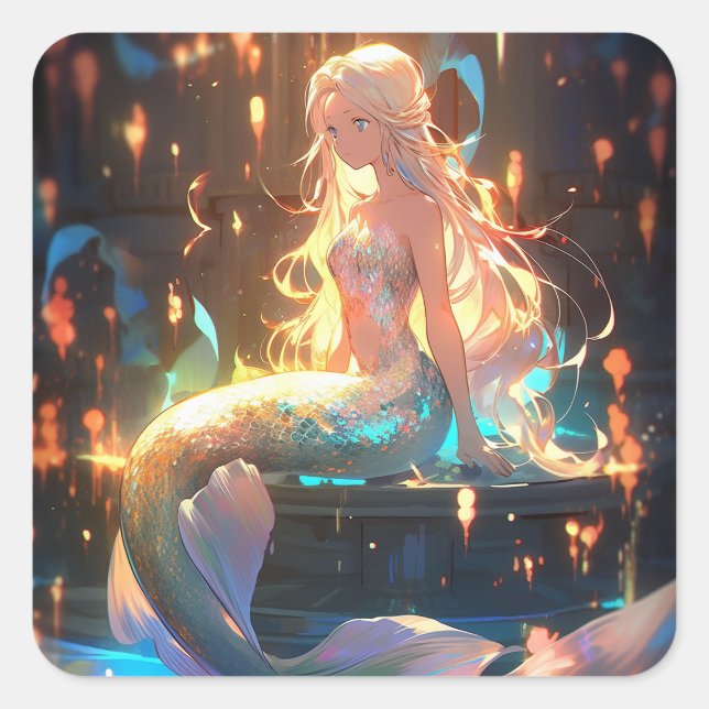 Pegatina Cuadrada Anime Mermaid Chica Fantasy Art (Anverso)