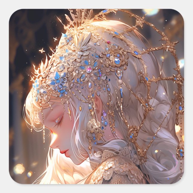 Pegatina Cuadrada Anime Princess Chica Fantasy Art (Anverso)