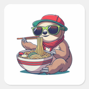 Pegatina Cuadrada Anime Sloth Comiendo Ramen