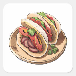 Pegatina Cuadrada Anime Style Watercolor Clip Art Taco mexicano