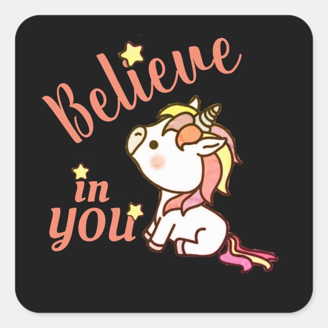 Pegatina Cuadrada Ánimo de Unicornio Adorable (Anverso)