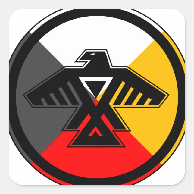 Pegatina Cuadrada Anishinaabe Thunderbird en las cuatro direcciones (Anverso)