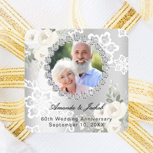 Pegatina Cuadrada Aniversario de bodas de diamante de 60 años con fo