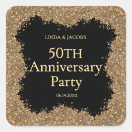 Pegatina Cuadrada Aniversario de Bodas de Oro Faux Glitter 