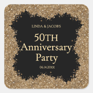 Pegatina Cuadrada Aniversario de Bodas de Oro Faux Glitter 