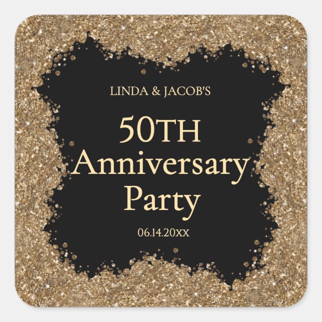 Pegatina Cuadrada Aniversario de Bodas de Oro Faux Glitter  (Anverso)