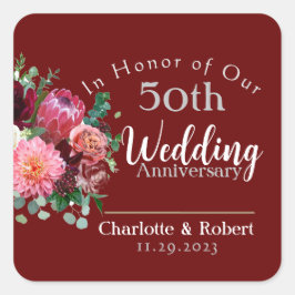 Pegatina Cuadrada Aniversario de bodas personalizado rojo 50º pareja