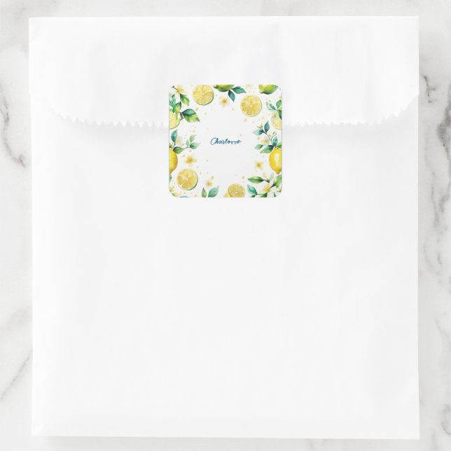 Pegatina Cuadrada Aniversario de la acuarela de limón amarillo simpl (Bolso)