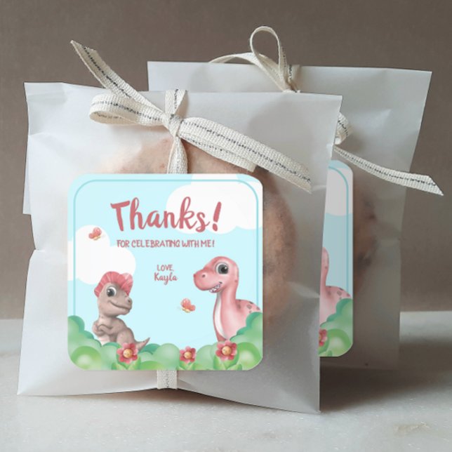 Pegatina Cuadrada Aniversario de los Dinosaurios de los chicas (Personalized Girl's Dinosaur Birthday Party Stickers)