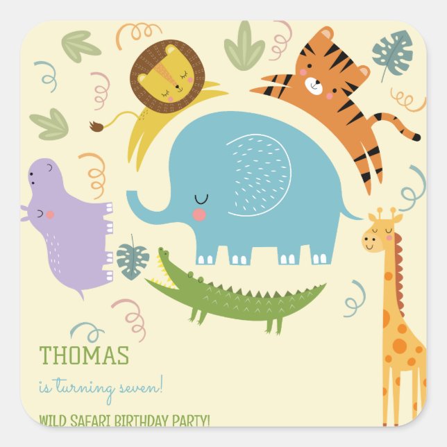 Pegatina Cuadrada Aniversario de niños salvajes de safari (Anverso)