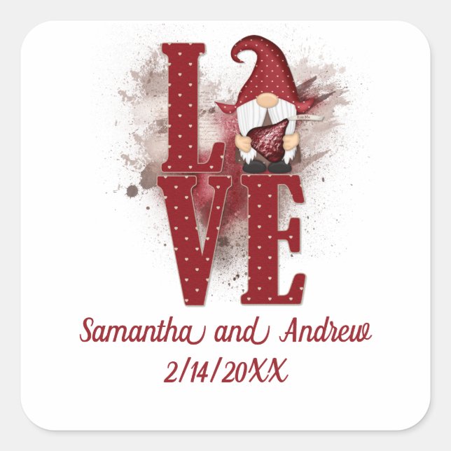 Pegatina Cuadrada Aniversario del Boda Gnomes Red Love Cute (Anverso)