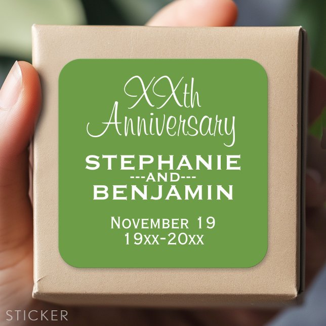 Pegatina Cuadrada Aniversario del boda - Verde y Blanco (Custom Sticker)