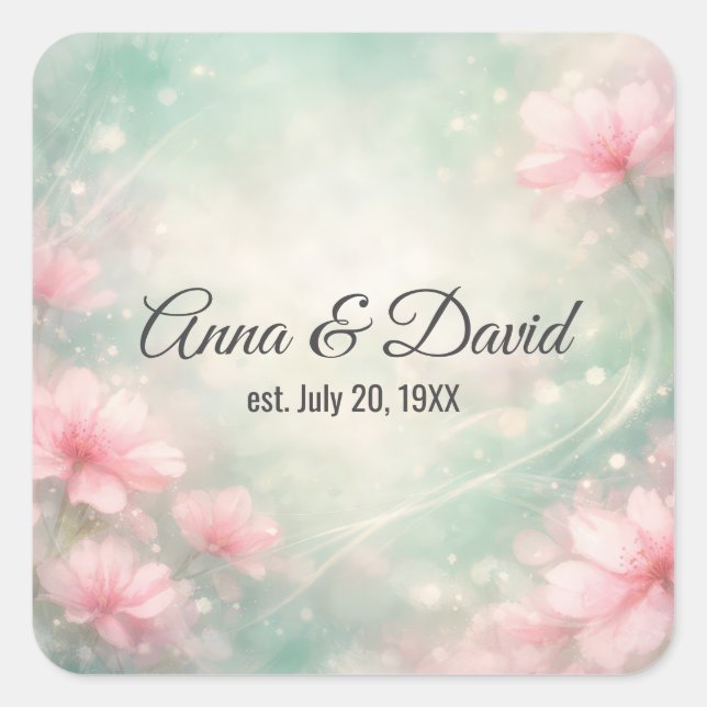 Pegatina Cuadrada Anniversary Wedding Flowers On Mint Green  (Anverso)