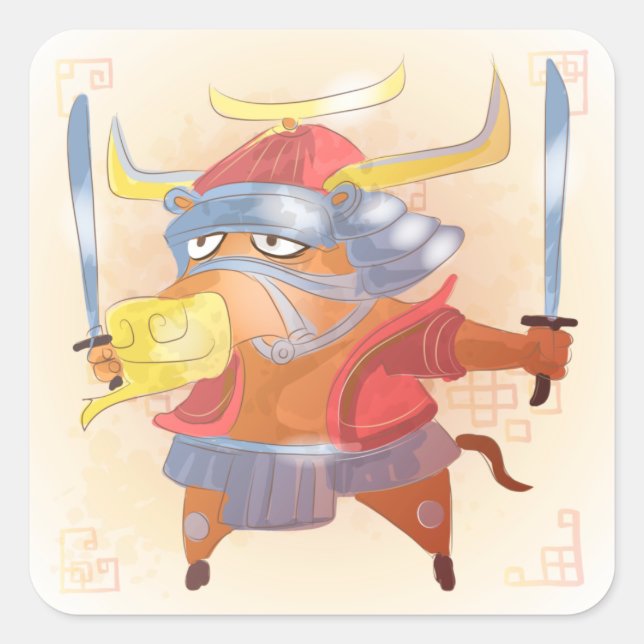 Pegatina Cuadrada Año acuarela del ox, Samurai (Anverso)