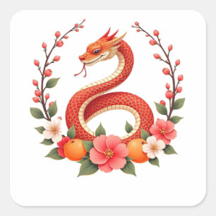 Pegatina Cuadrada Año de la serpiente chino lindo riendo
