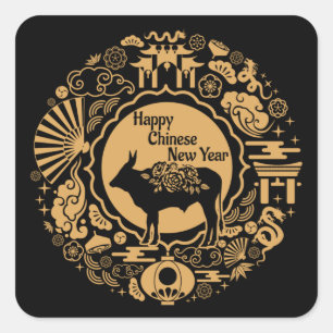 Pegatina Cuadrada Año del Buey Año Nuevo Lunar Zodiaco Chino