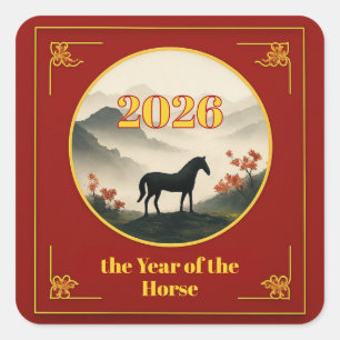 Pegatina Cuadrada Año del Caballo 2026 Año Nuevo Chino Montaña 
