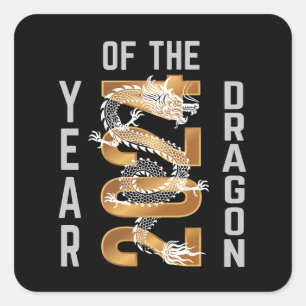 Pegatina Cuadrada Año del Dragón Año 2024 Blanco Gris Oro