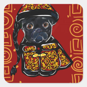 Pegatina Cuadrada Año del Perro Pug Negro