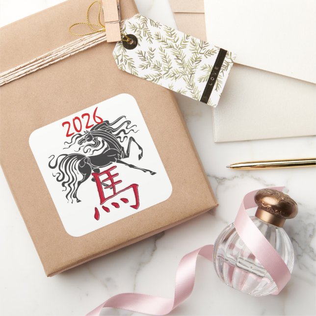 Pegatina Cuadrada Año Negro Rojo del caballo (Regalar)