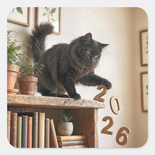 Pegatina Cuadrada Año Nuevo 2027 Gato Juguetón (Anverso)
