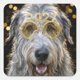 Pegatina Cuadrada Año Nuevo 2027 Irish Wolfhound