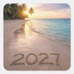 Pegatina Cuadrada Año Nuevo 2027 Playa Tropical