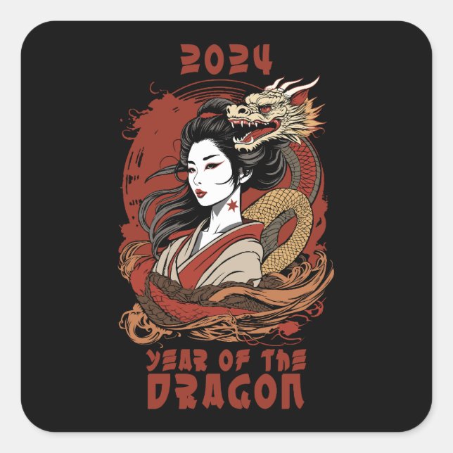 Pegatina Cuadrada Año Nuevo Chino | 2024 Año Del Dragón (Anverso)