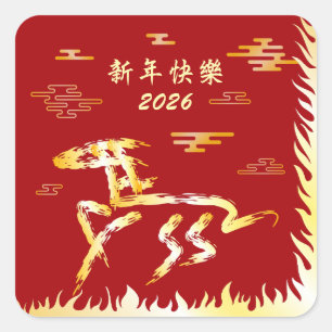 Pegatina Cuadrada Año Nuevo Lunar Chino del Caballo 2026 4724 Fuego
