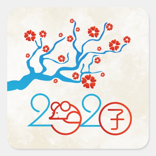 Pegatina Cuadrada Año Zodiaco Chino de la Rata 2020 (Anverso)